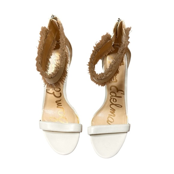 Sam Edelman Anabeth High Heels Sandals 8 Beige Leather Open Toe Zip Fringe - Picture 4 of 10